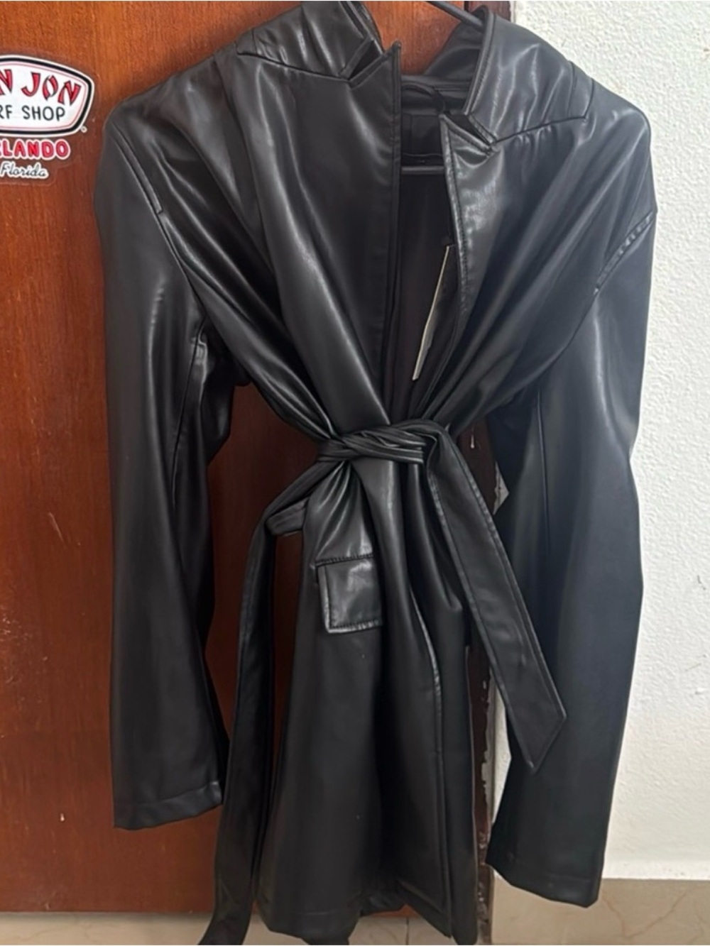 Zara Black Faux Leather Tie-Waist Blazer Jacket